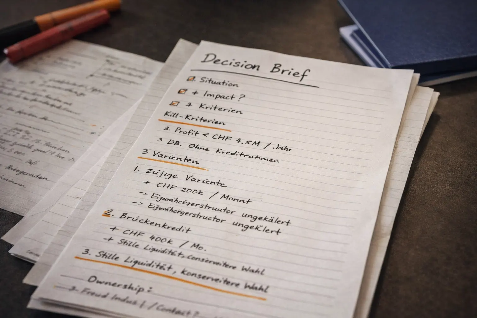 Handgeschriebener Decision Brief, Nahaufnahme — Blatt sichtbar, kein Gesicht